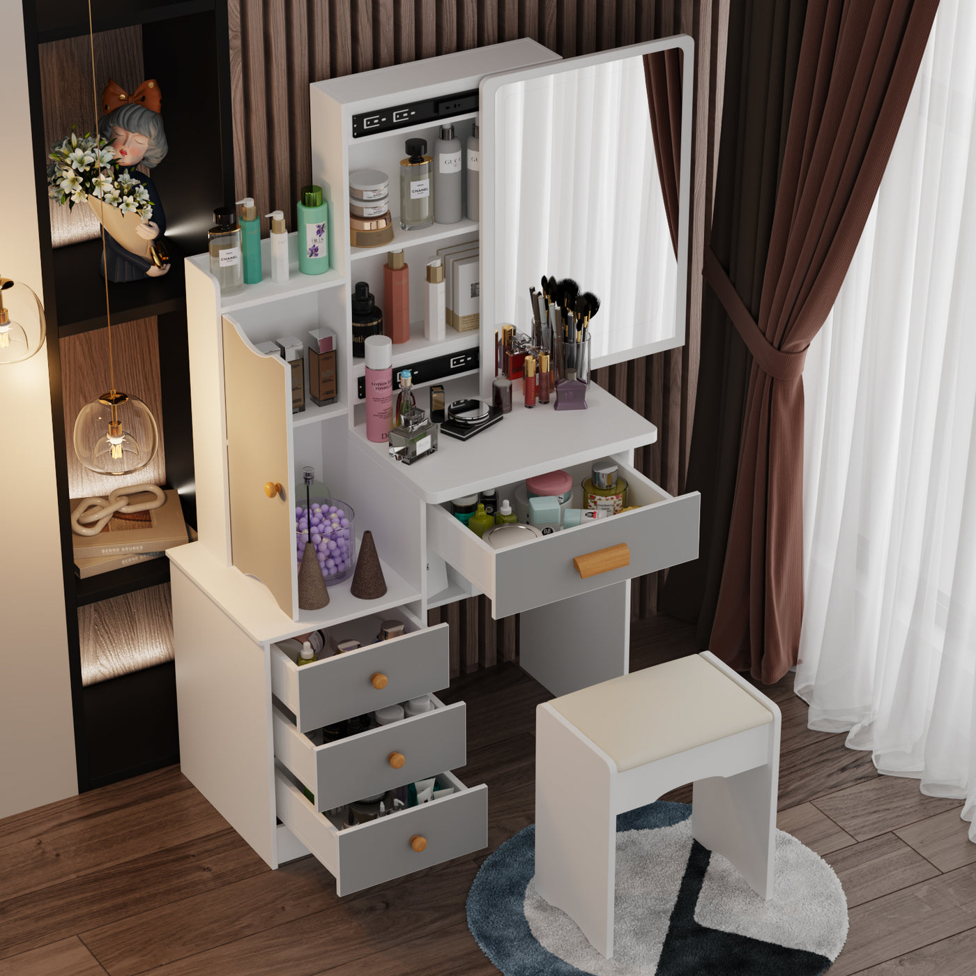 35.4" Modern White/Black Vanity Set with Sliding Mirror, 4 Drawers, Shelves and Cushioned Stool