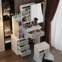 35.4" Modern White/Black Vanity Set with Sliding Mirror, 4 Drawers, Shelves and Cushioned Stool