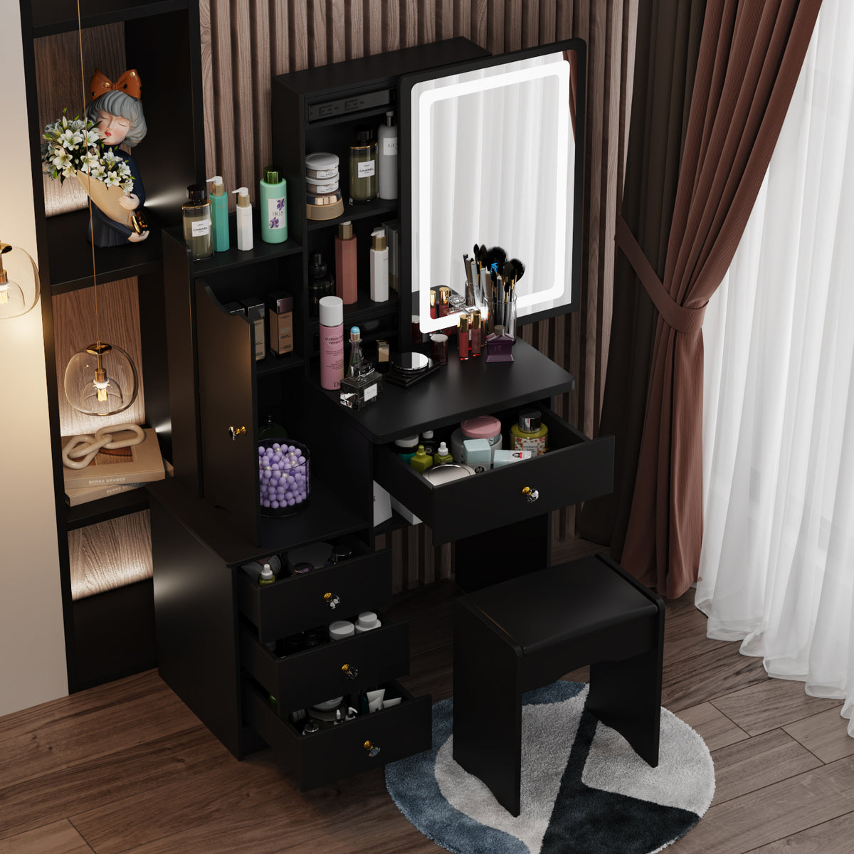 35.4" Modern White/Black Vanity Set with Sliding Mirror, 4 Drawers, Shelves and Cushioned Stool