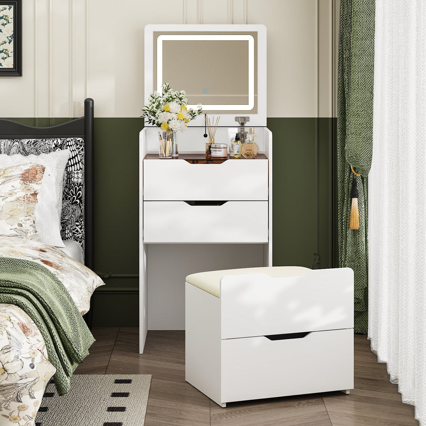 18.9" Modern White Vanity Desk With Light Flip Top Mirror And Comfortable Bench