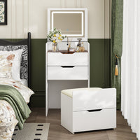 18.9" Modern White Vanity Desk With Light Flip Top Mirror And Comfortable Bench