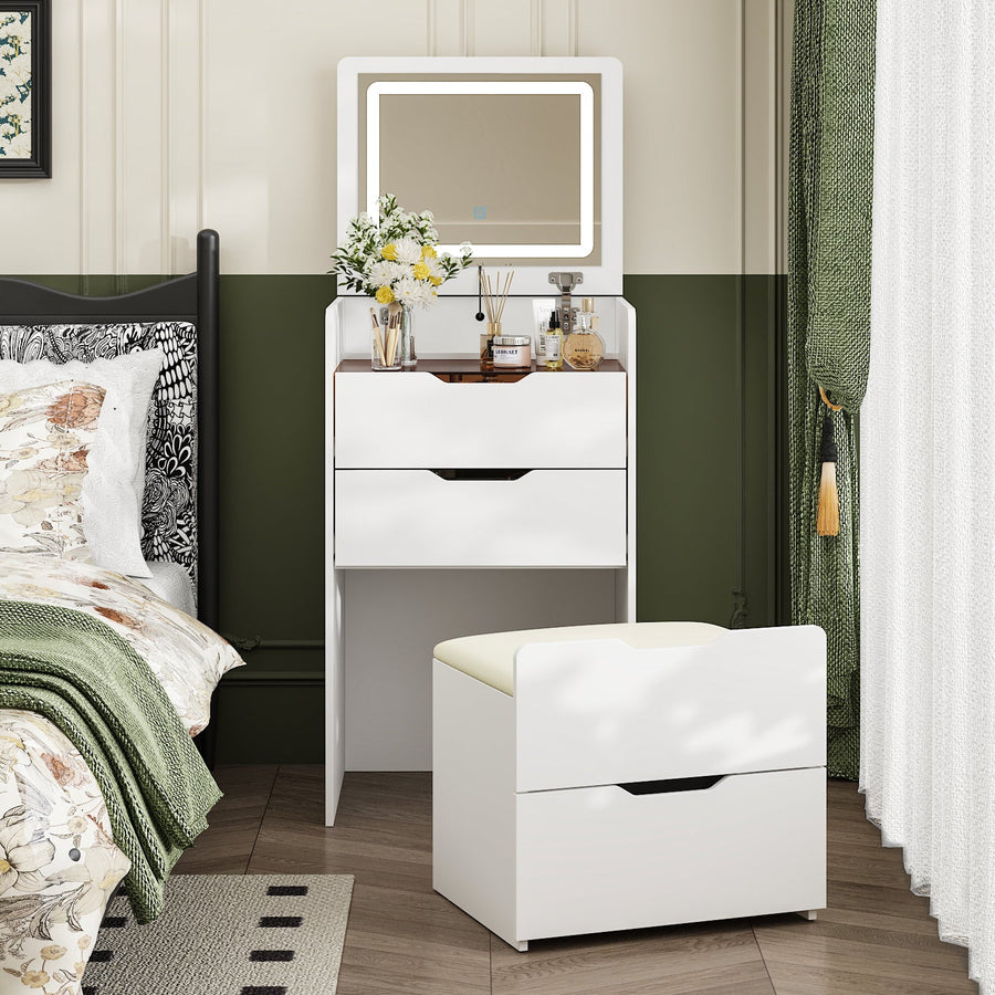 18.9" Modern White Vanity Desk With Light Flip Top Mirror And Comfortable Bench
