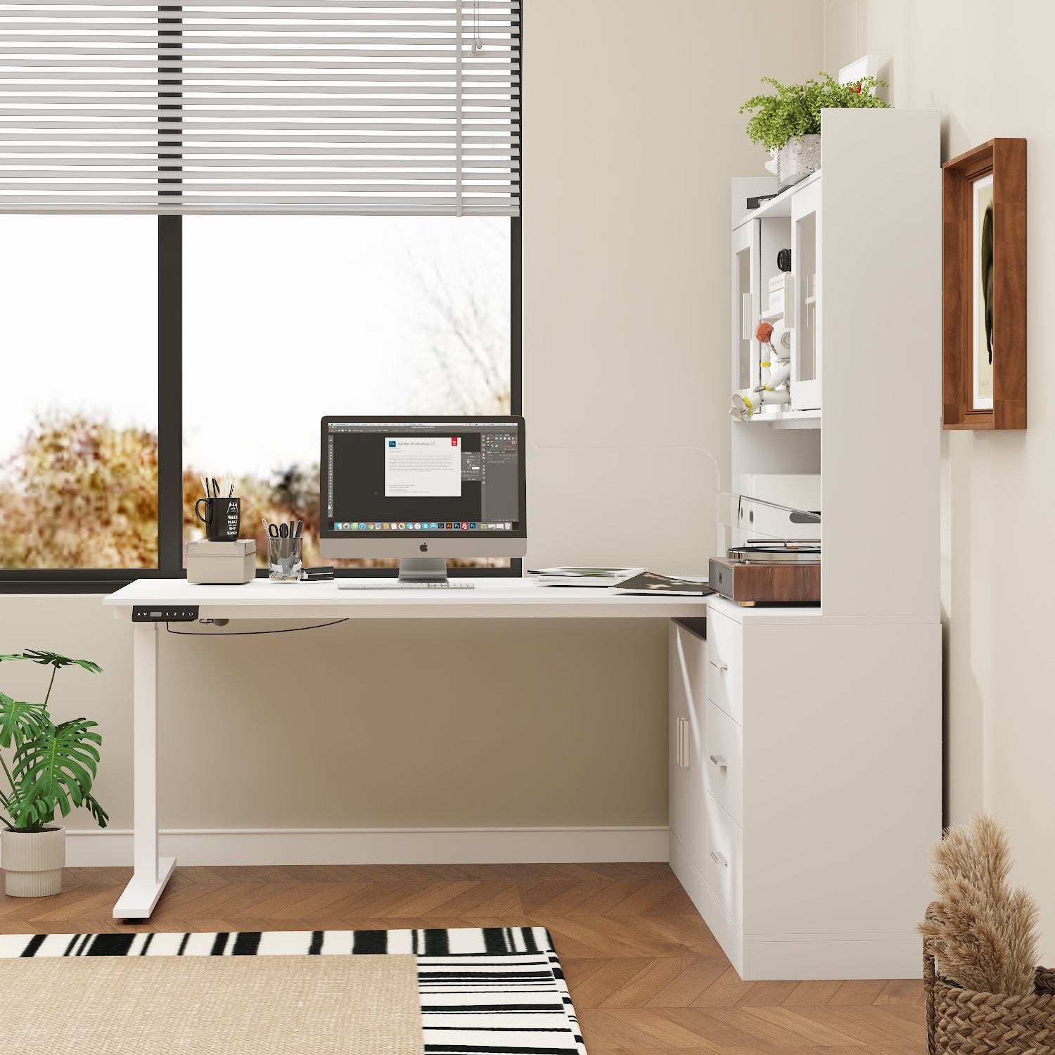 Elevating Computer Desk With 68.5'' W Bookcase