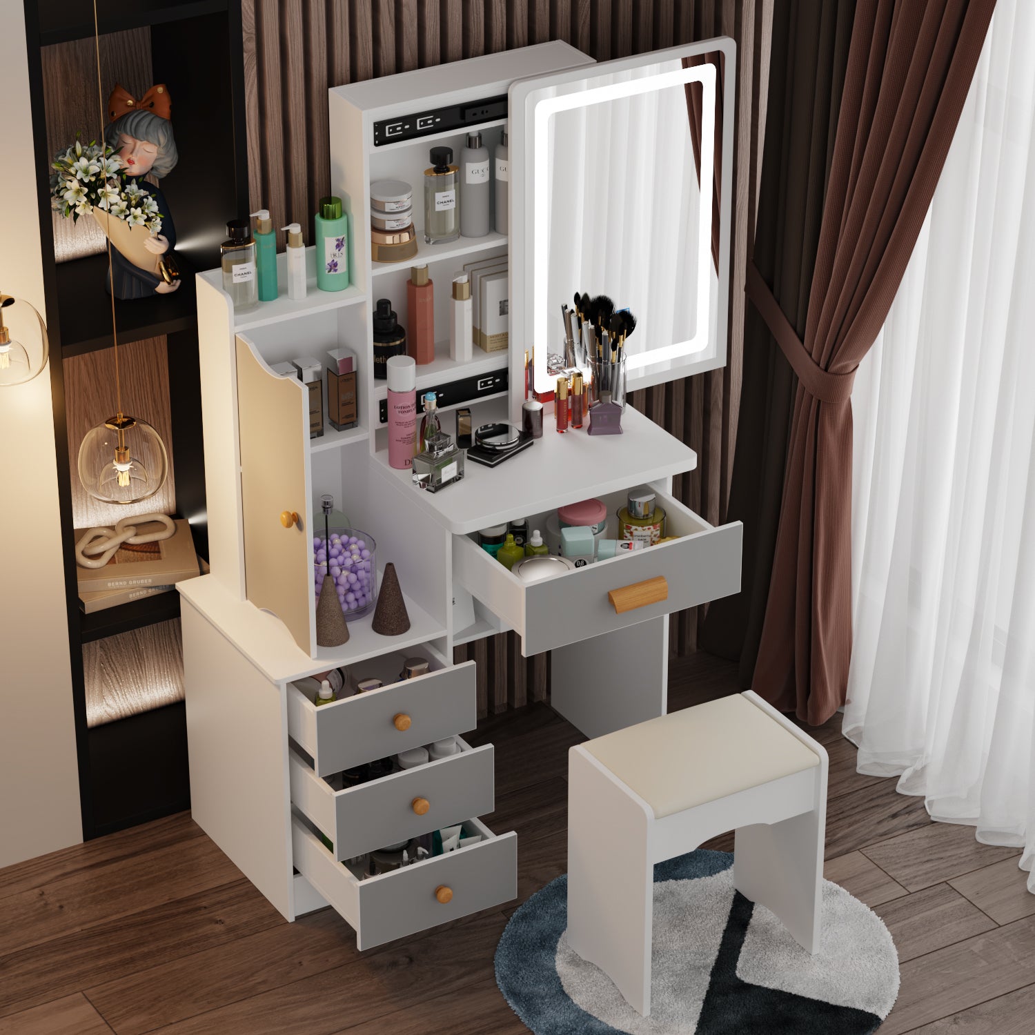 Vanity Set With Sliding Mirror, 4 Drawers, Shelves & Cushioned Stool