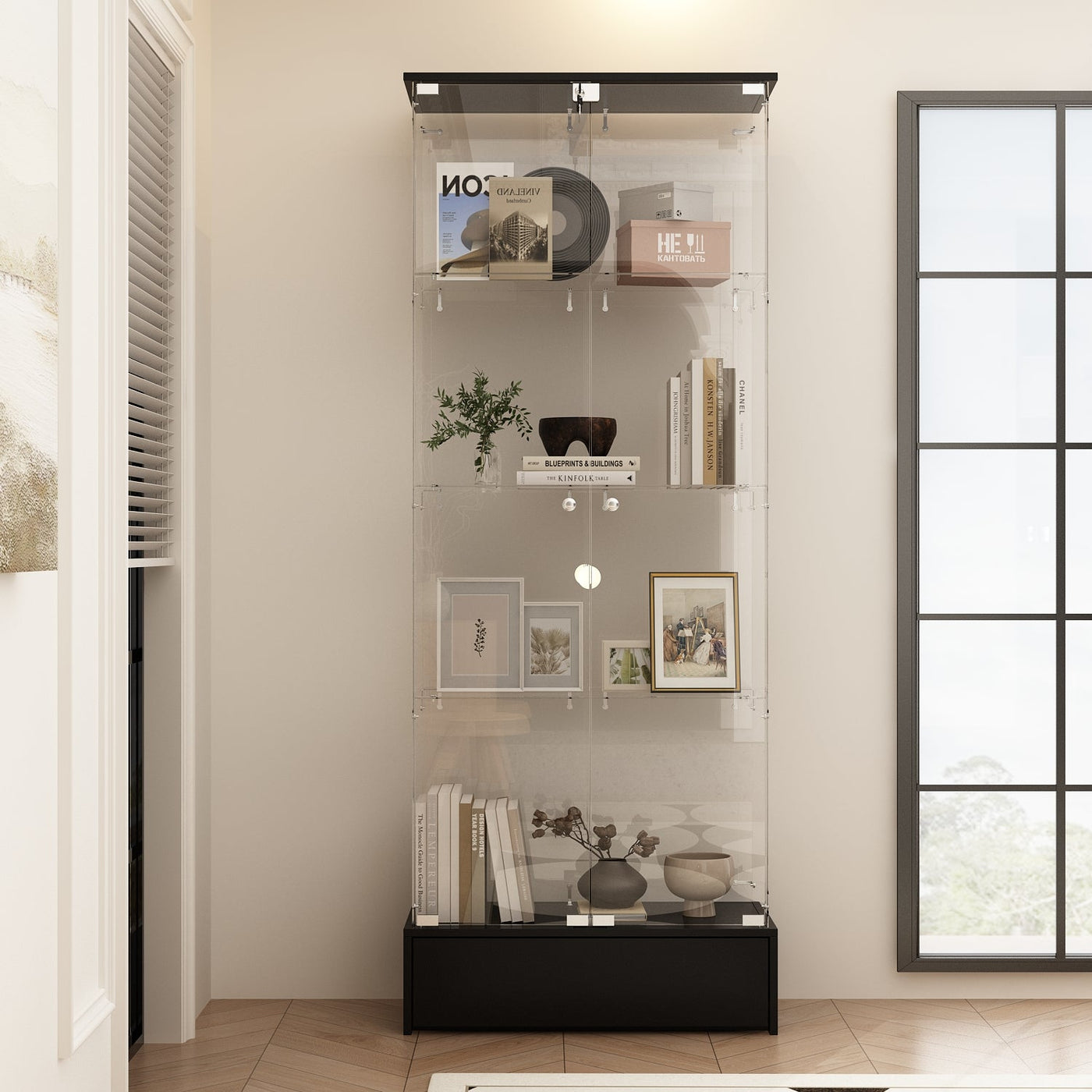 27.6" Modern Black Transparent Display Bookcase With Glass Swing Doors And Lock