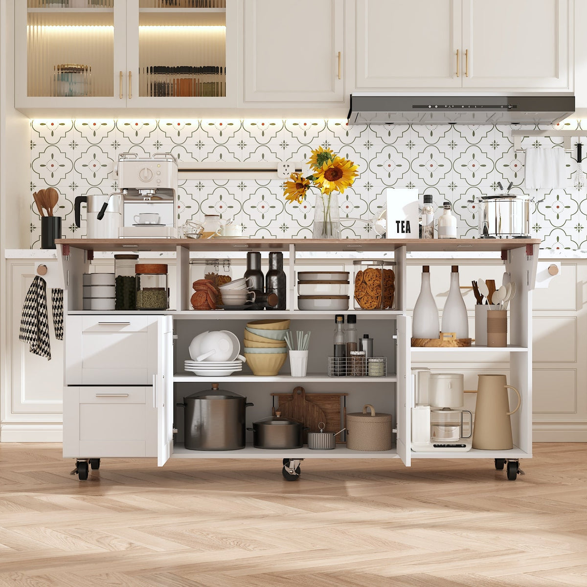 63"W Kitchen Island With Leaf And Wheel