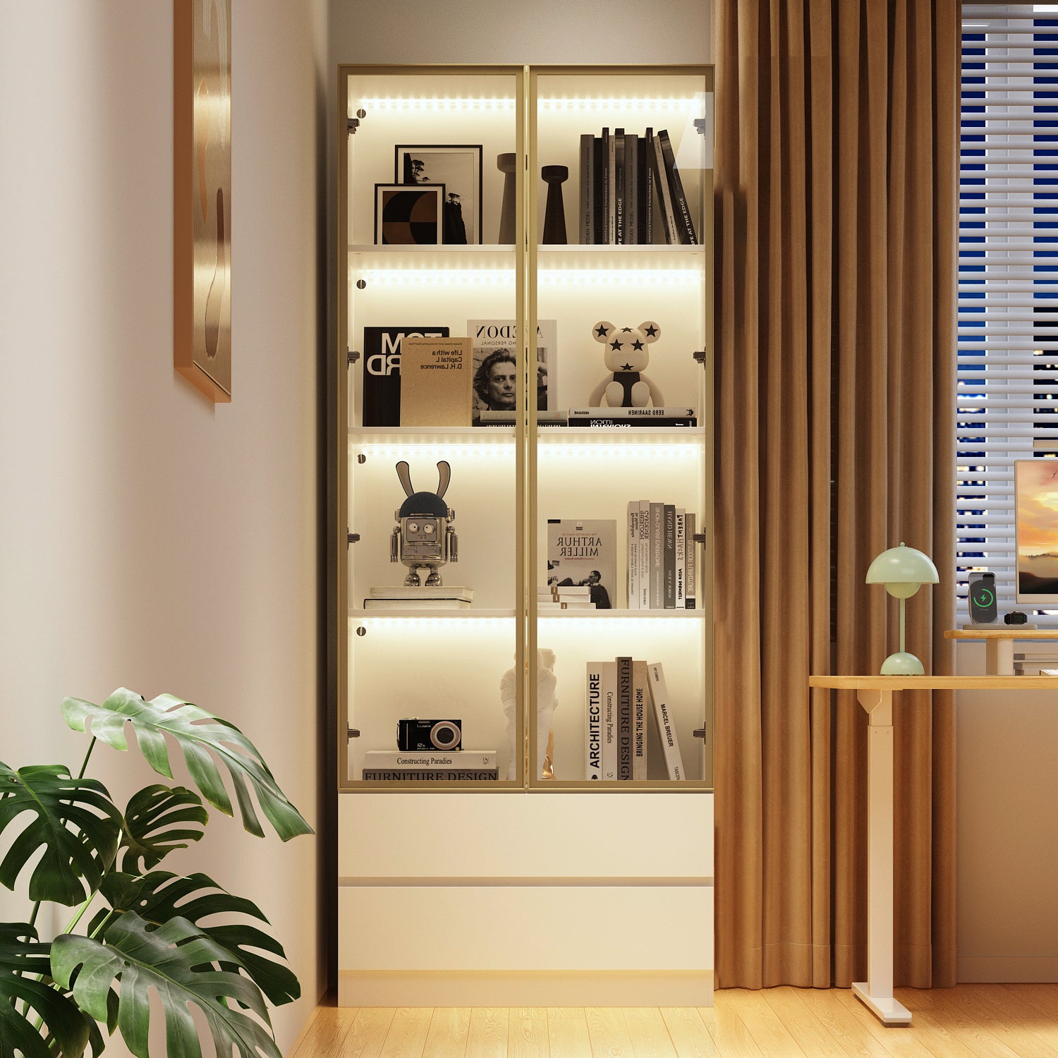 Display Cabinet With Adjustable Lights And Tempered Glass Door