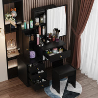35.4" Modern White/Black Vanity Set with Sliding Mirror, 4 Drawers, Shelves and Cushioned Stool