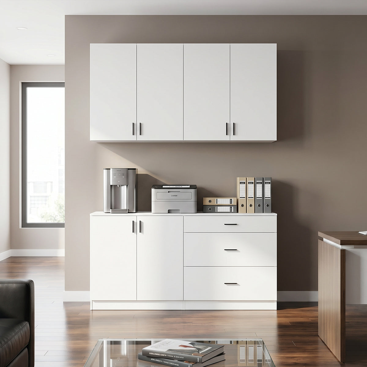 63" White Engineered Wood 2-Piece Garage Storage Cabinet with Wall Cabinet, Single Door & 3 Drawers