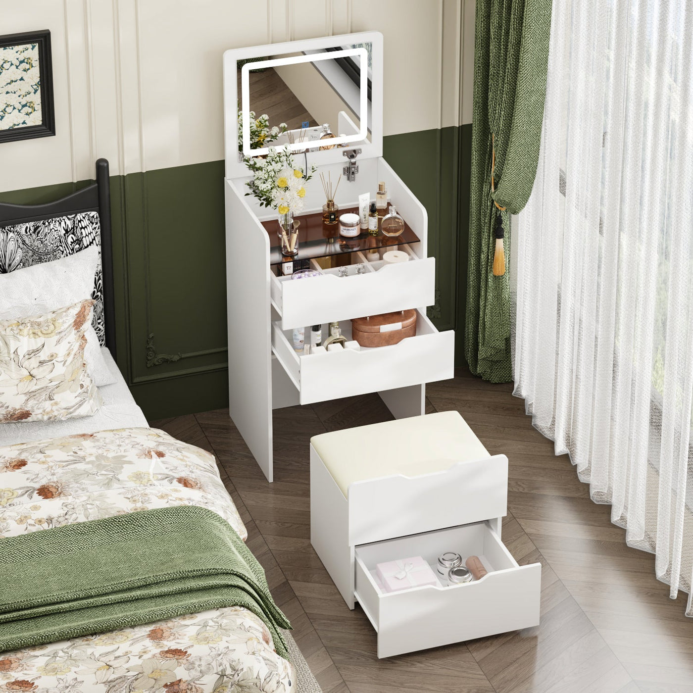 18.9" Modern White Vanity Desk With Light Flip Top Mirror And Comfortable Bench