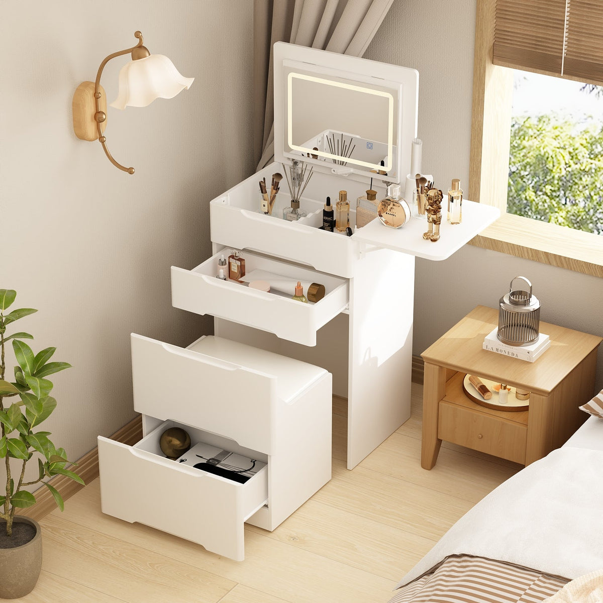 19.8" Modern White Makeup Vanity Table With Flip Top Desktop, LED Lighted, Storage Makeup Stool, Side Shelves