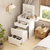 19.8" Modern White Makeup Vanity Table With Flip Top Desktop, LED Lighted, Storage Makeup Stool, Side Shelves