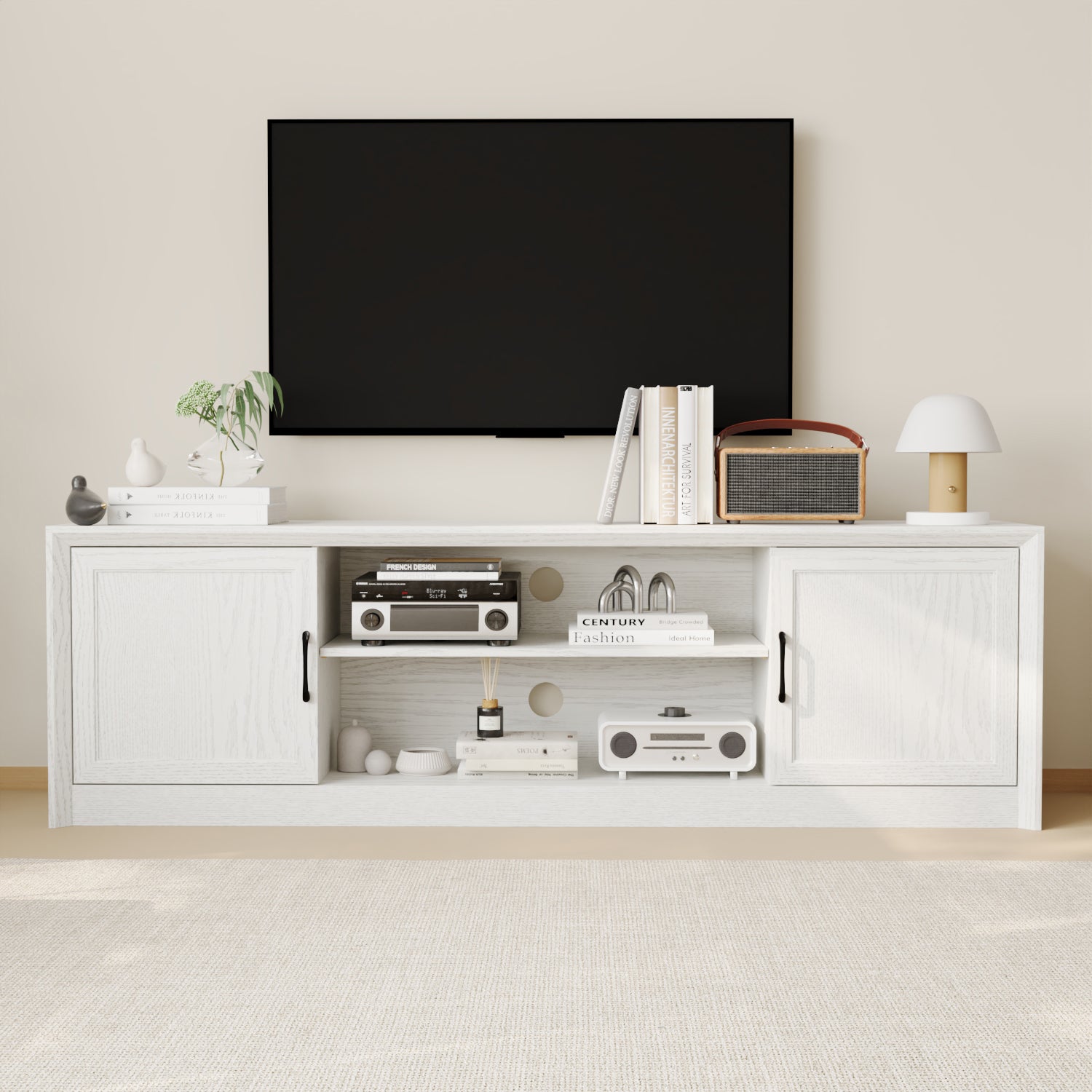 70.9" TV Stand With Adjustable Center Shelf, Black Metal Handles, And Dual Side Cabinets