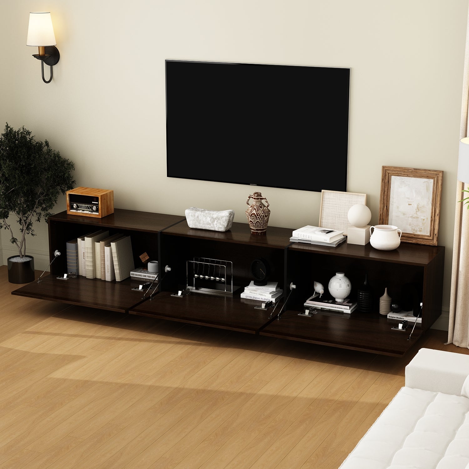 Modern Minimalist TV Stand With Hidden Storage And Soft-Close Hinges, 71.7 Inches, Dark Walnut