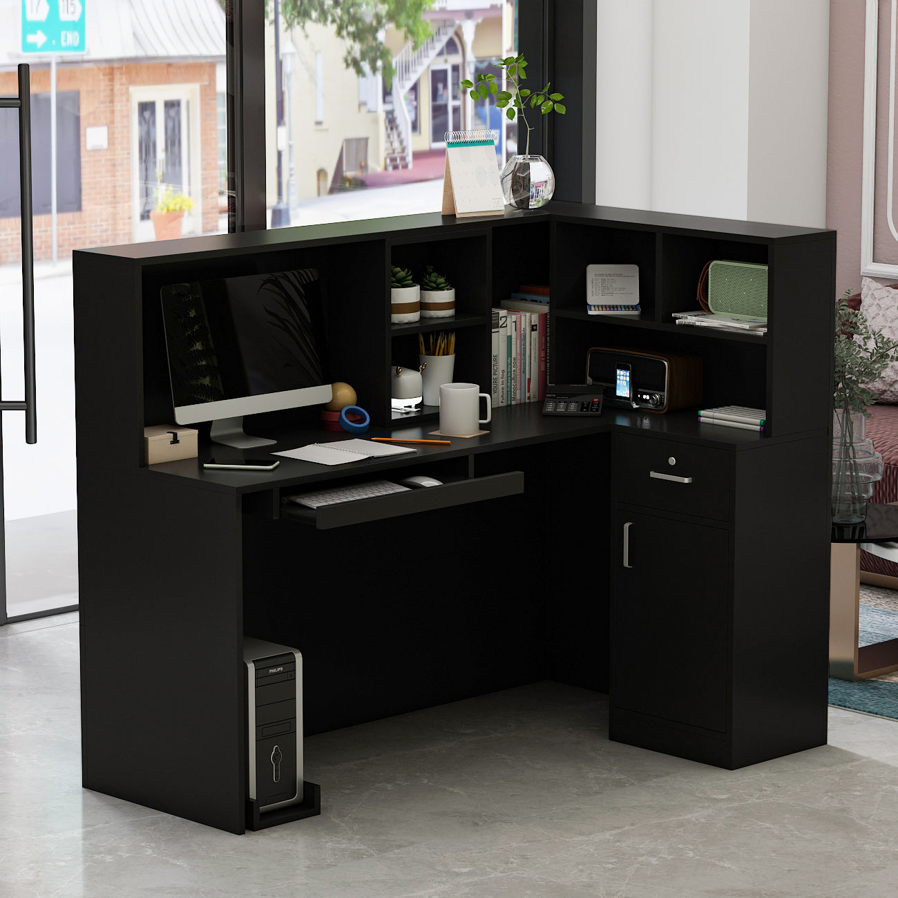 L-Shaped Reception Desk with Large Storage Filing Cabinets