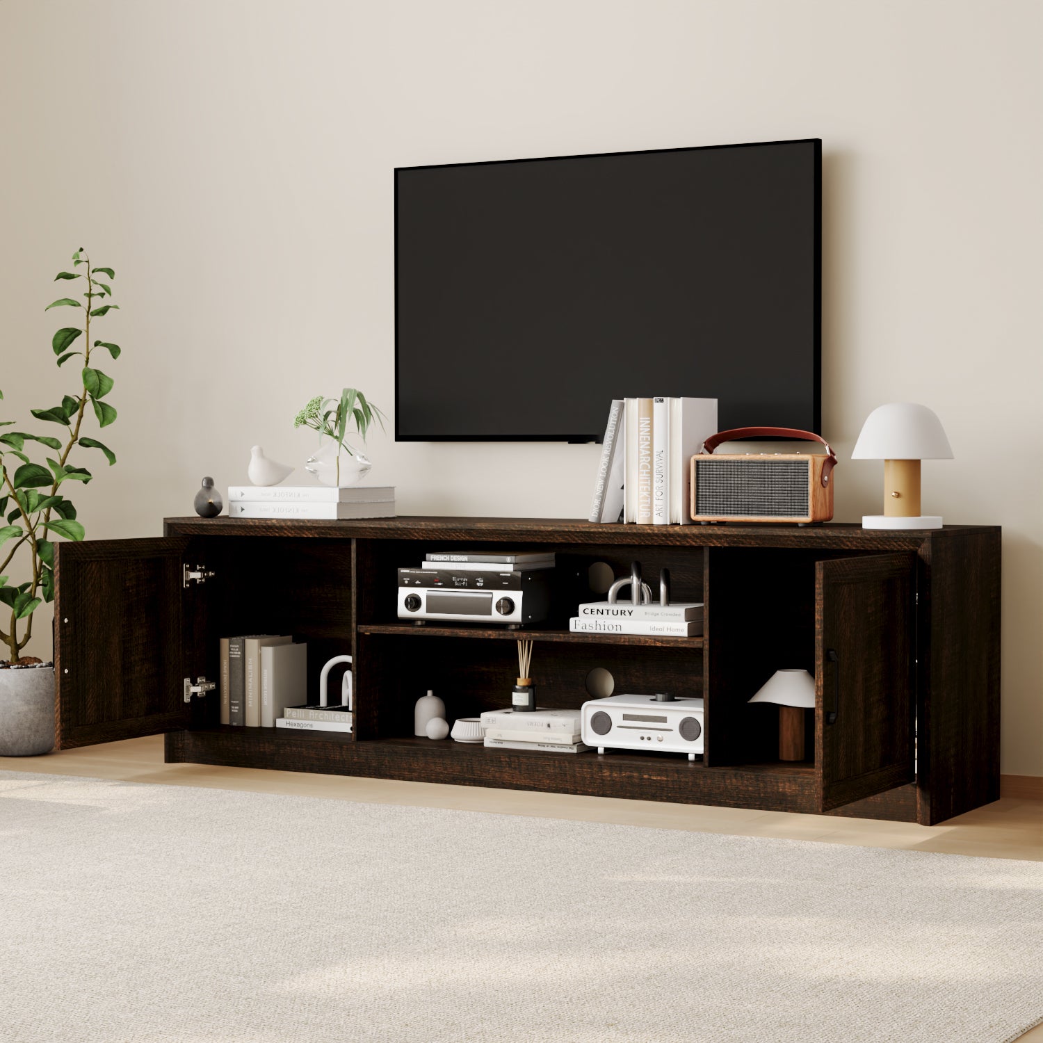 70.9" TV Stand With Adjustable Center Shelf, Black Metal Handles, And Dual Side Cabinets