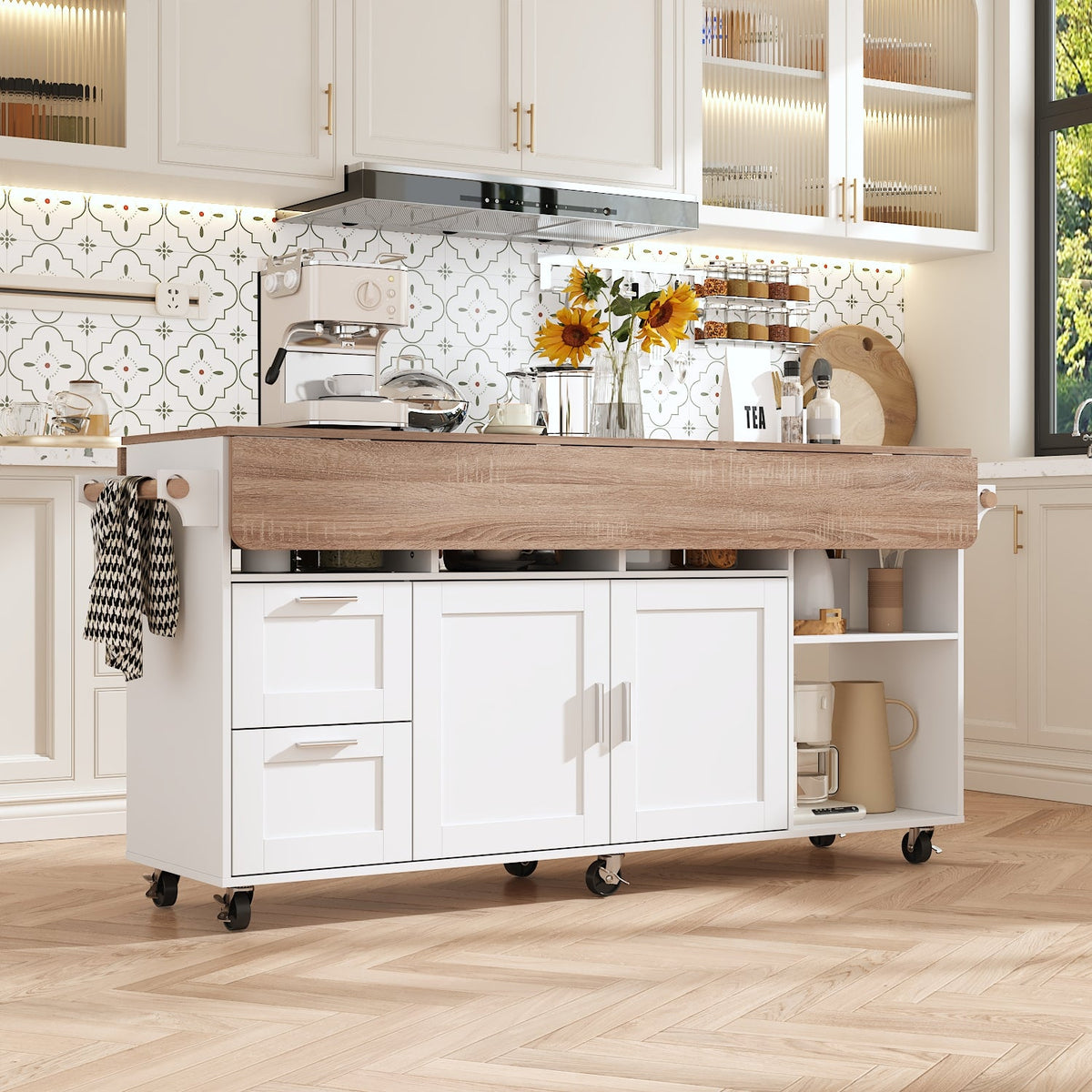 63"W Kitchen Island With Leaf And Wheel