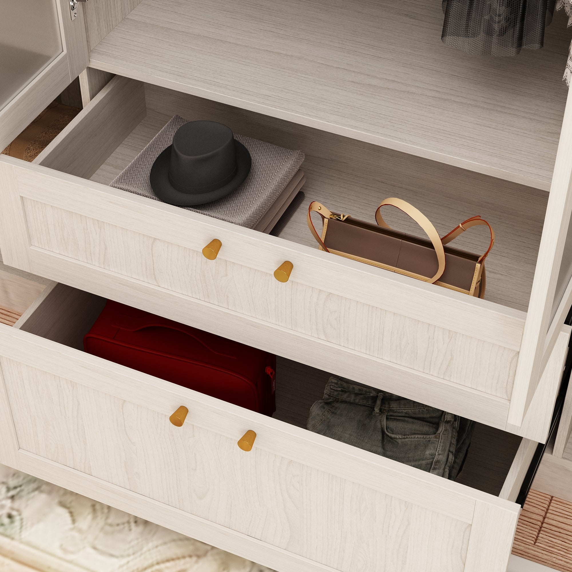 Modern Scandinavian Wardrobe With Frosted Glass Doors And Brass Accents – Spacious Storage Solution With Adjustable Shelves And Drawers