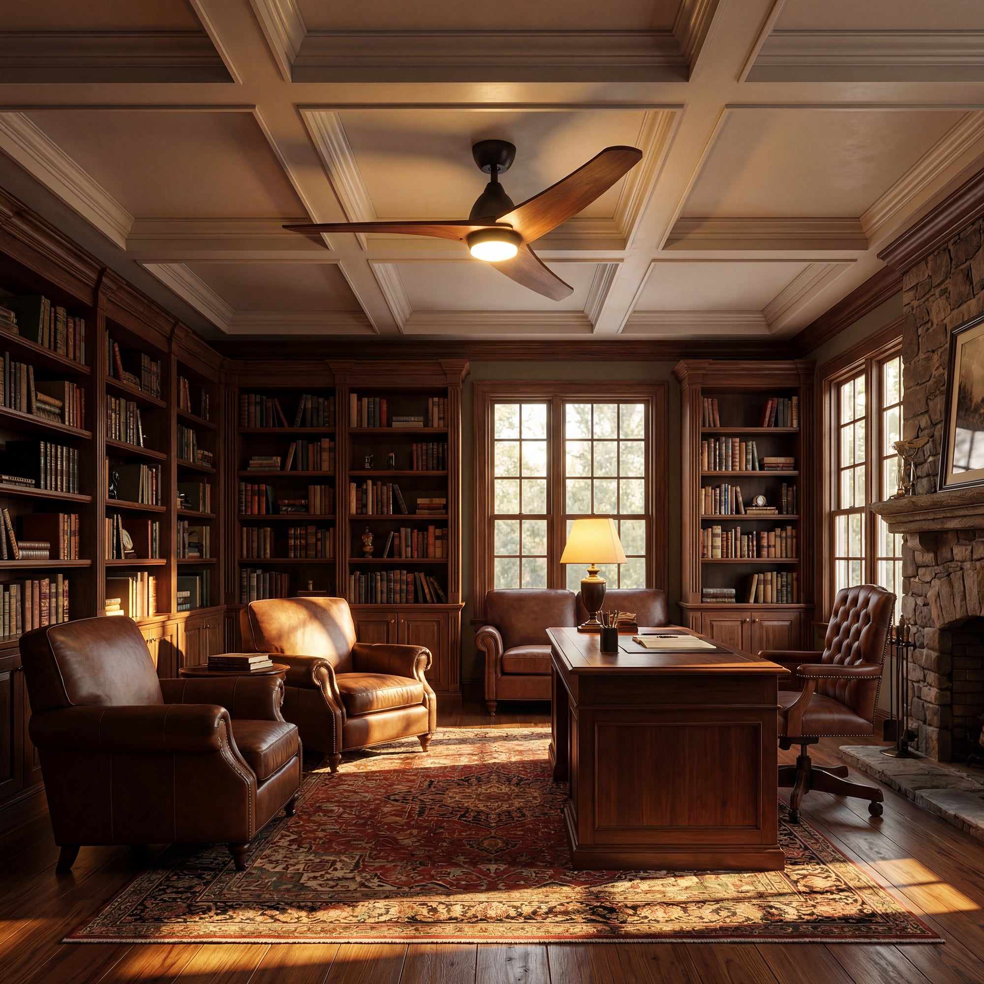 Cozy living room with bookshelves, leather chairs, and a fireplace.