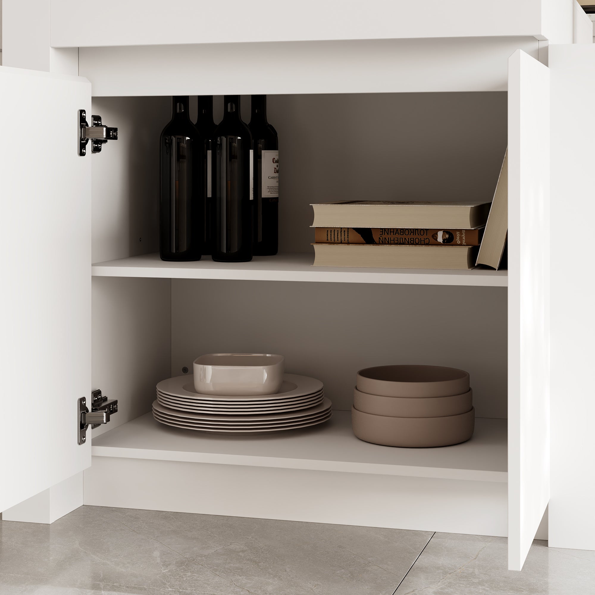 Modern white kitchen island with height-adjustable top and storage cabinets