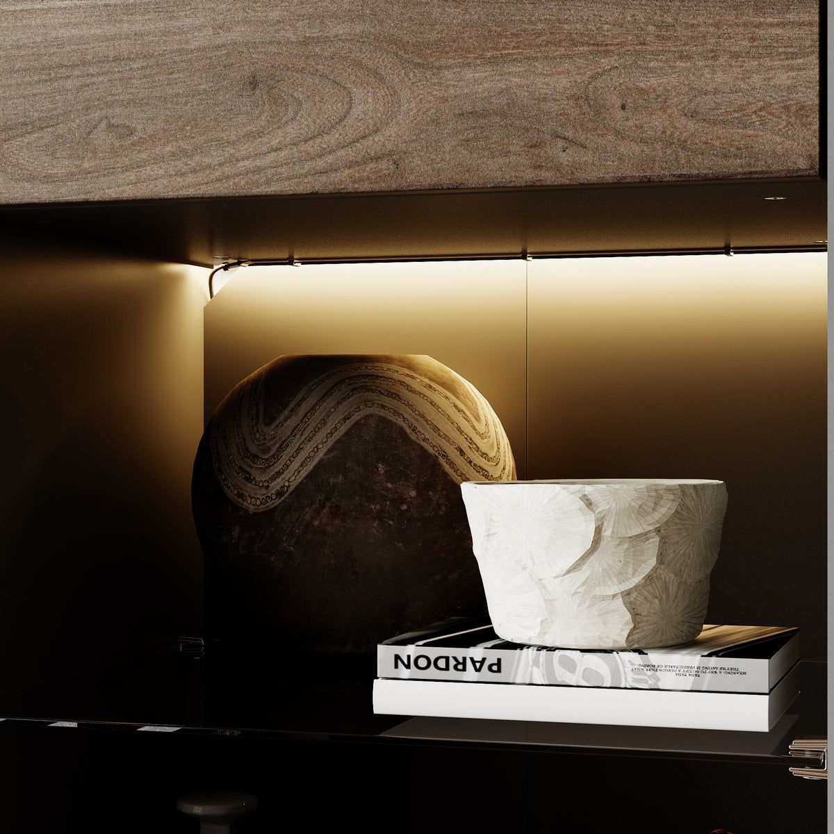 18.5" Modern Brown Tall Bookcase with 3-Color LED Lights and Glass Shelves