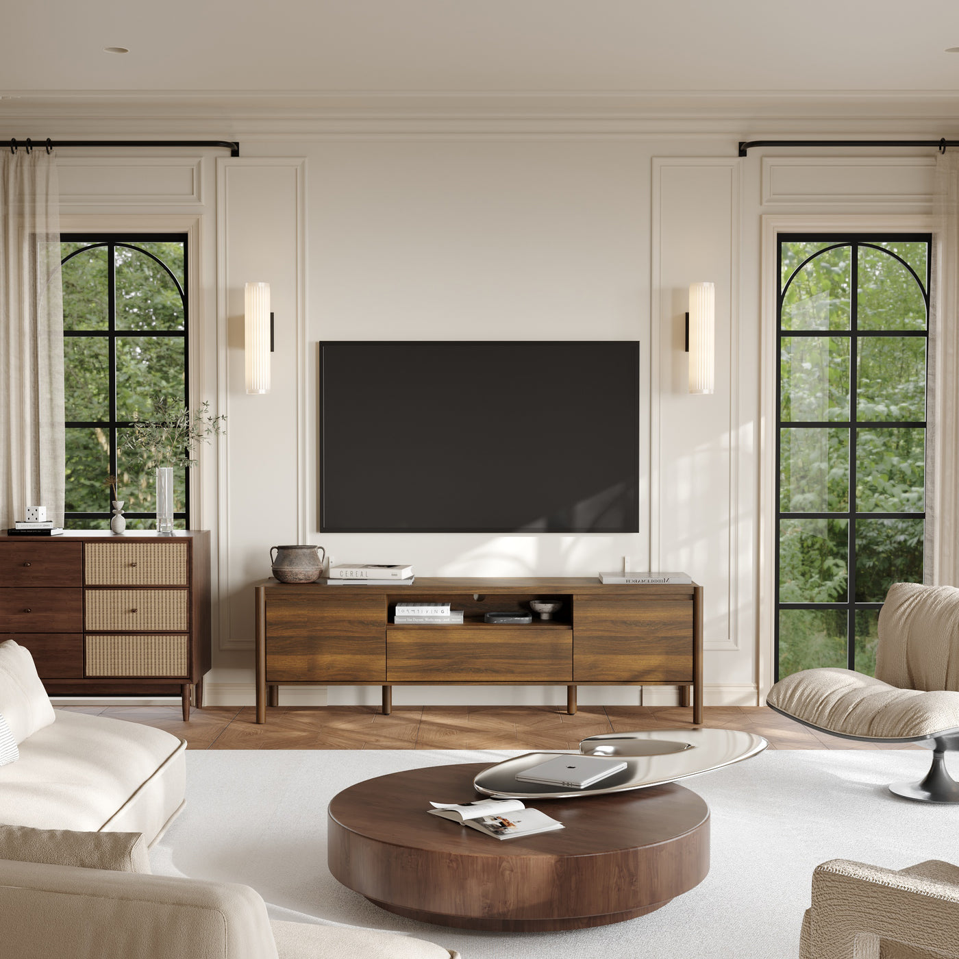 70.9 in. Modern Walnut TV Stand with Sliding Doors and Open Shelf