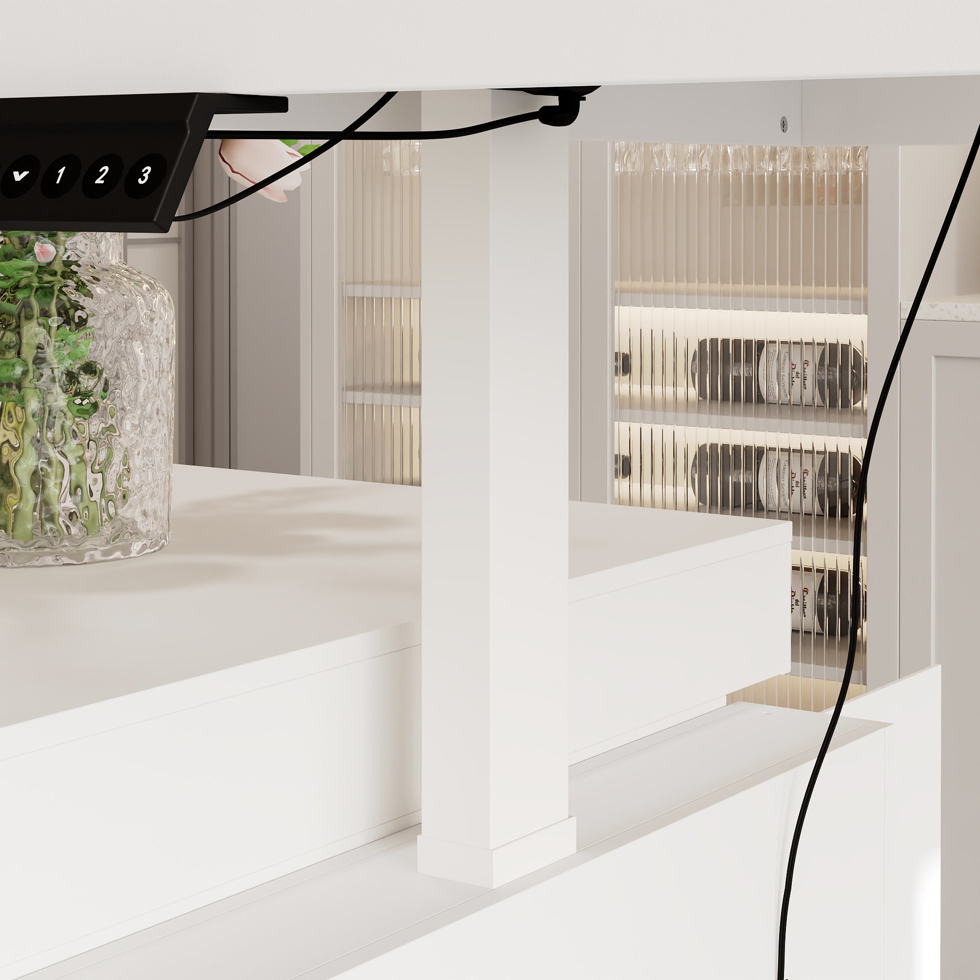 Modern white kitchen island with height-adjustable top and storage cabinets