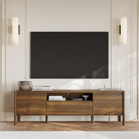70.9 in. Modern Walnut TV Stand with Sliding Doors and Open Shelf
