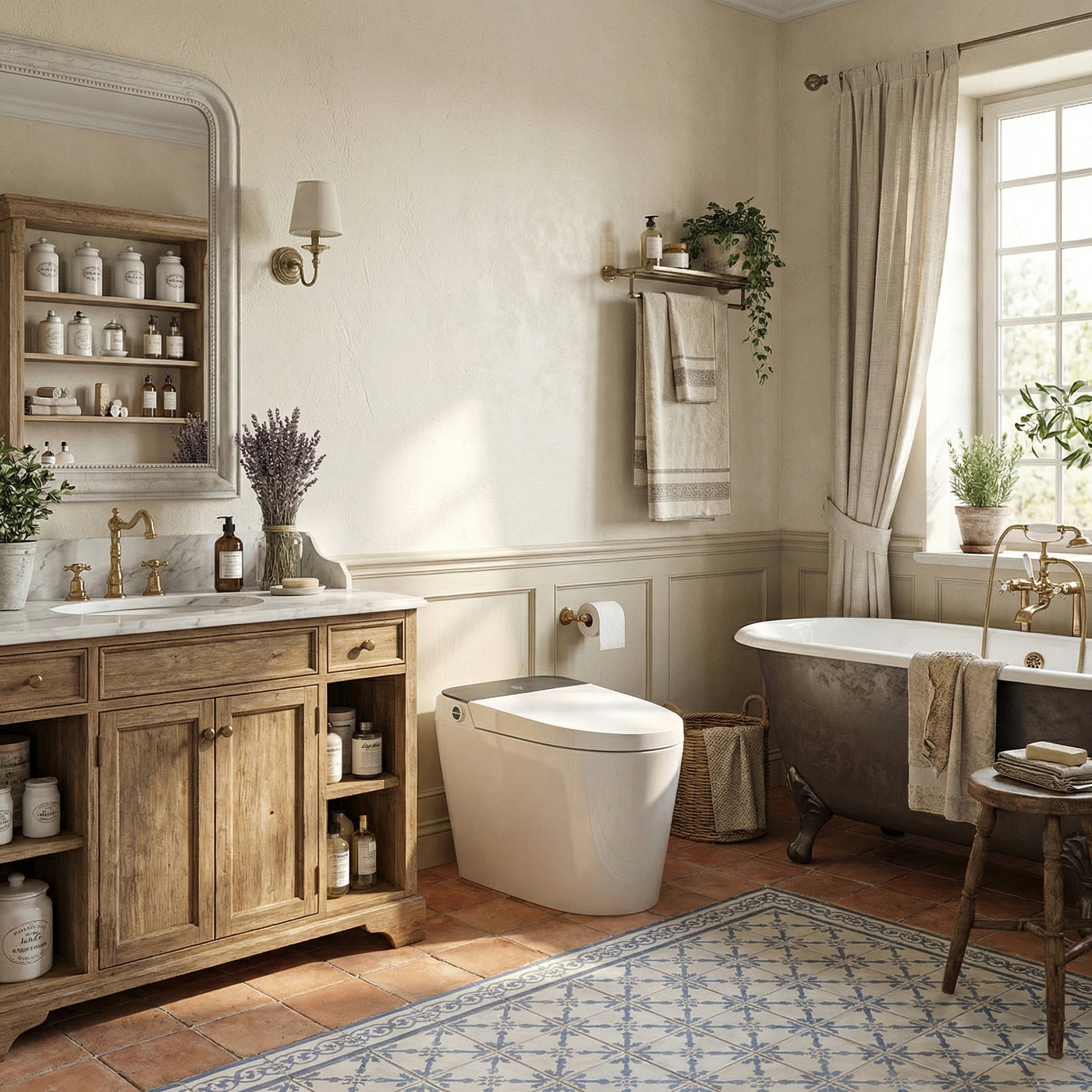 White smart toilet with compact one-piece design and side control knob