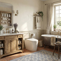 White smart toilet with compact one-piece design and side control knob