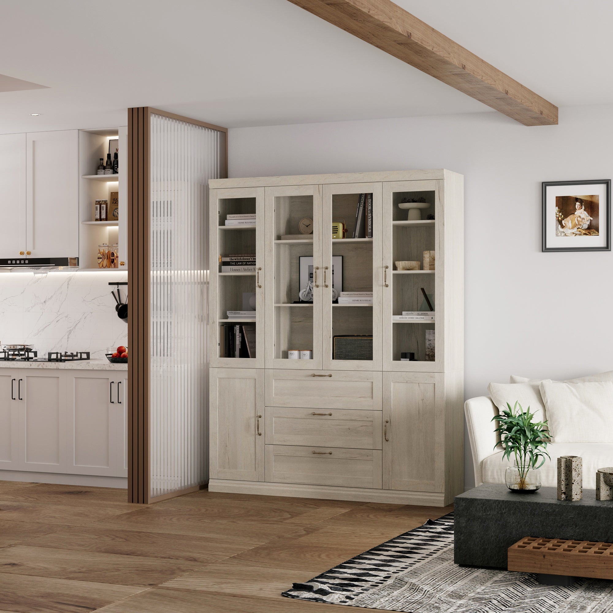 63 inch Rustic Gray-White Wood Bookcase Display Cabinet with Glass Doors & 3 Drawers