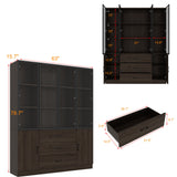 63" Modern Brown Display Cabinet with Tempered Glass Doors and Adjustable Lighting
