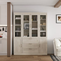 63" Rustic Gray-White Wood Bookcase Display Cabinet with Glass Doors & 3 Drawers
