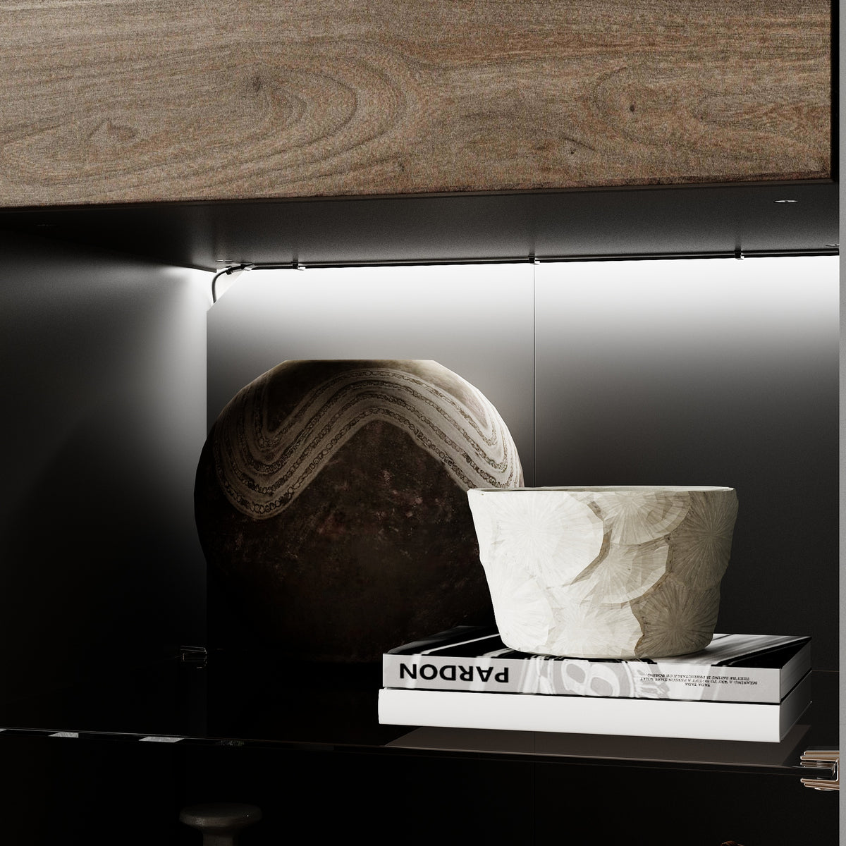 18.5" Modern Brown Tall Bookcase with 3-Color LED Lights and Glass Shelves