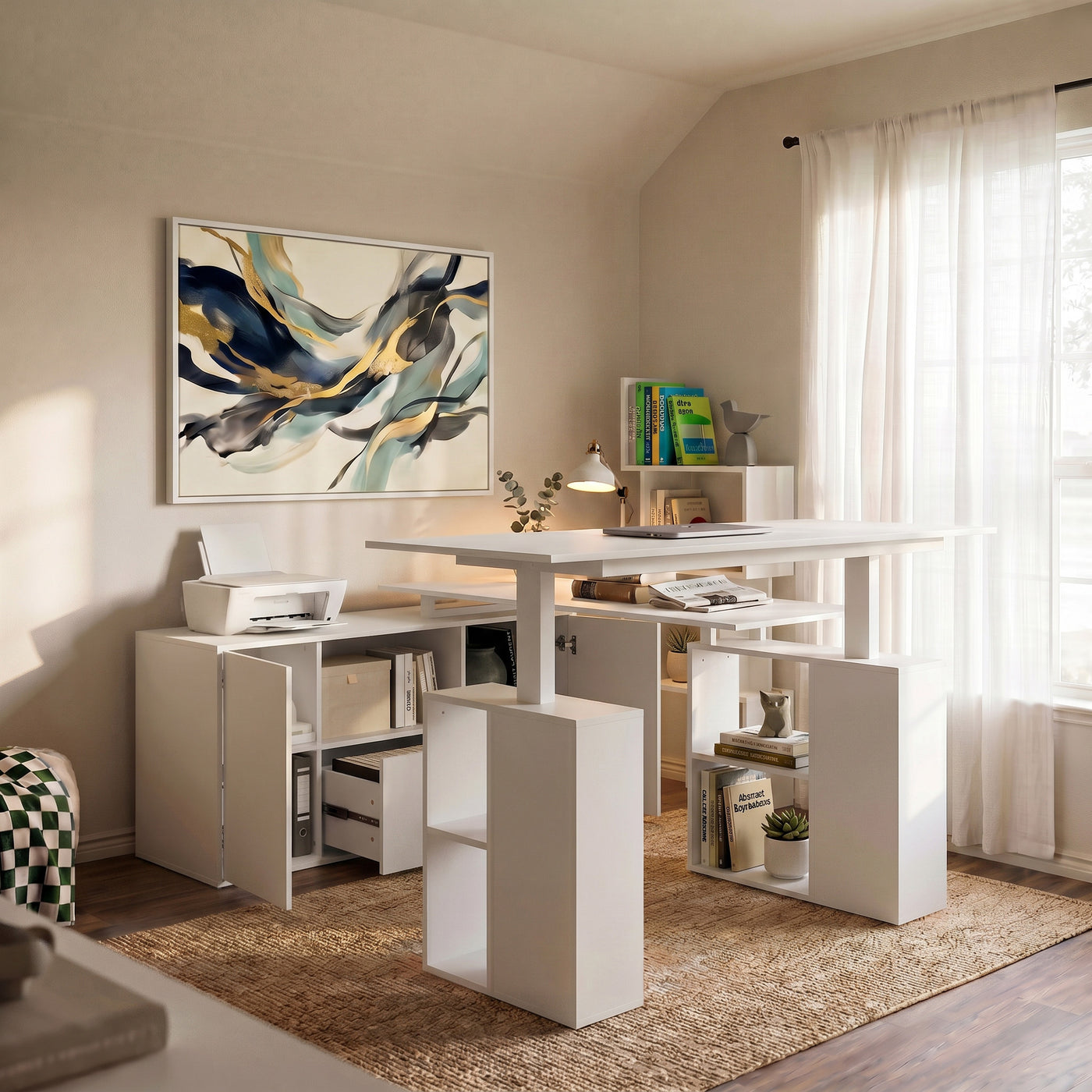 63" Modern White U-Shaped Standing Desk with 3 Memory Presets, Drawer and Open Storage