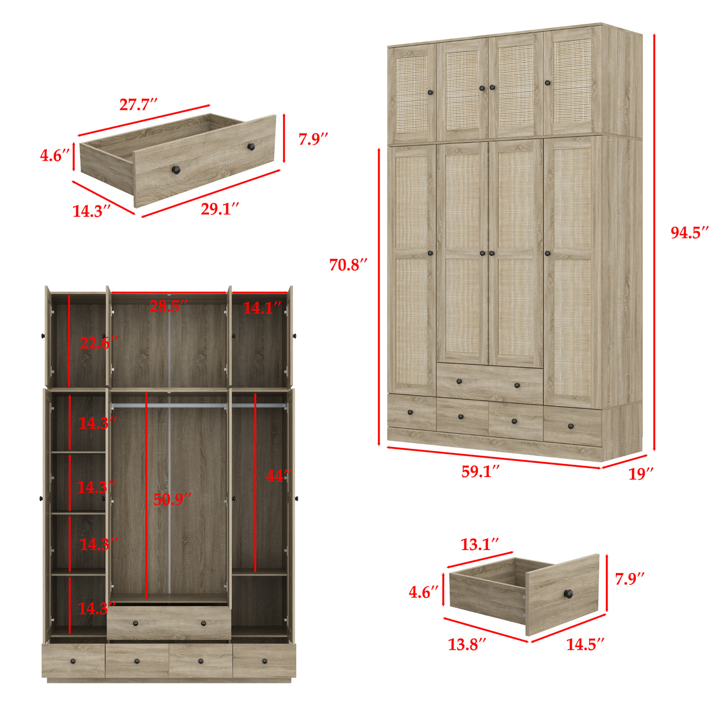 63" Rustic 4-Door Wardrobe Armoire with Rattan Paneling, 6 Drawers & 2 Hanging Rods