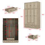 63 inch Rustic 4-Door Wardrobe Armoire with Rattan Paneling, 6 Drawers & 2 Hanging Rods