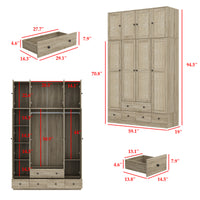 63" Rustic 4-Door Wardrobe Armoire with Rattan Paneling, 6 Drawers & 2 Hanging Rods