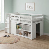 White kids loft bed with storage cabinets, shelves, and ladder