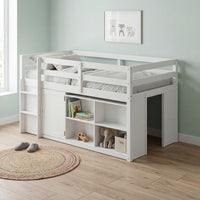 White kids loft bed with storage cabinets, shelves, and ladder