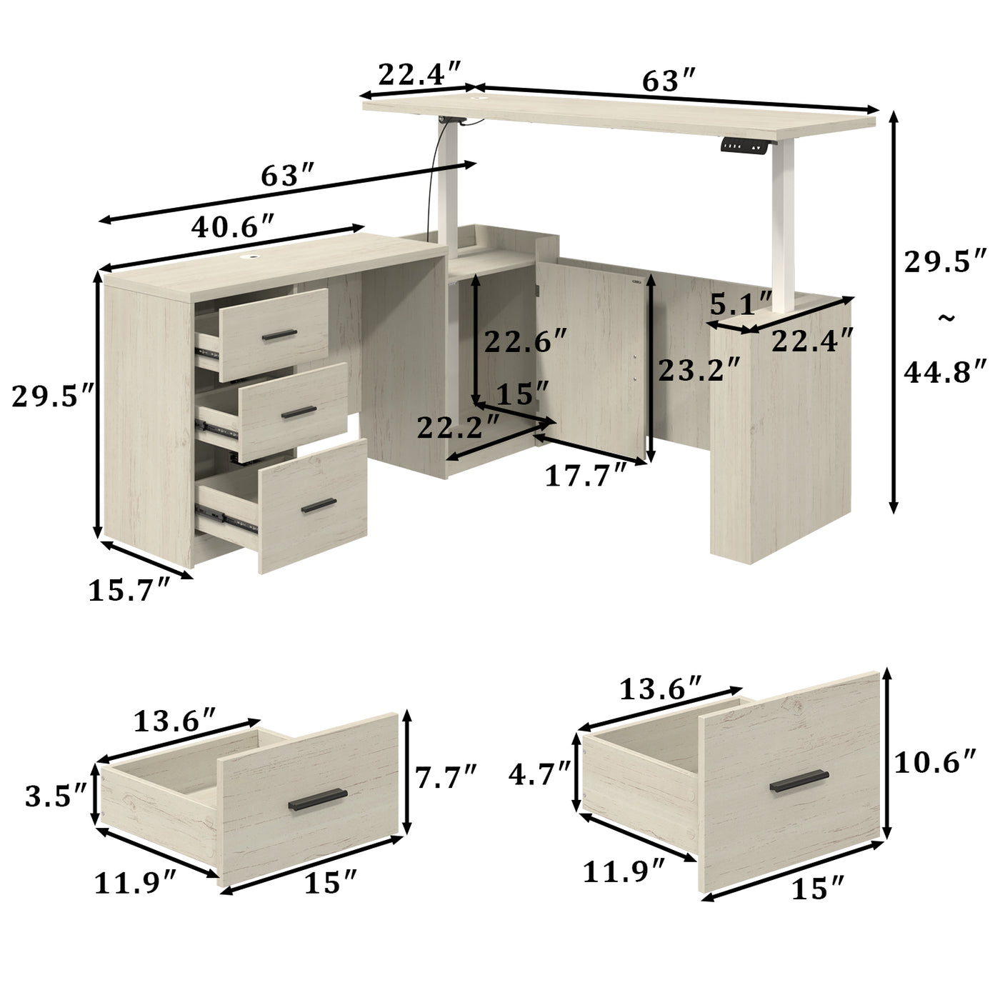 63" Wood-Grain L-Shaped Standing Desk with 3 Drawers