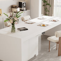 Modern white kitchen island with height-adjustable top and storage cabinets