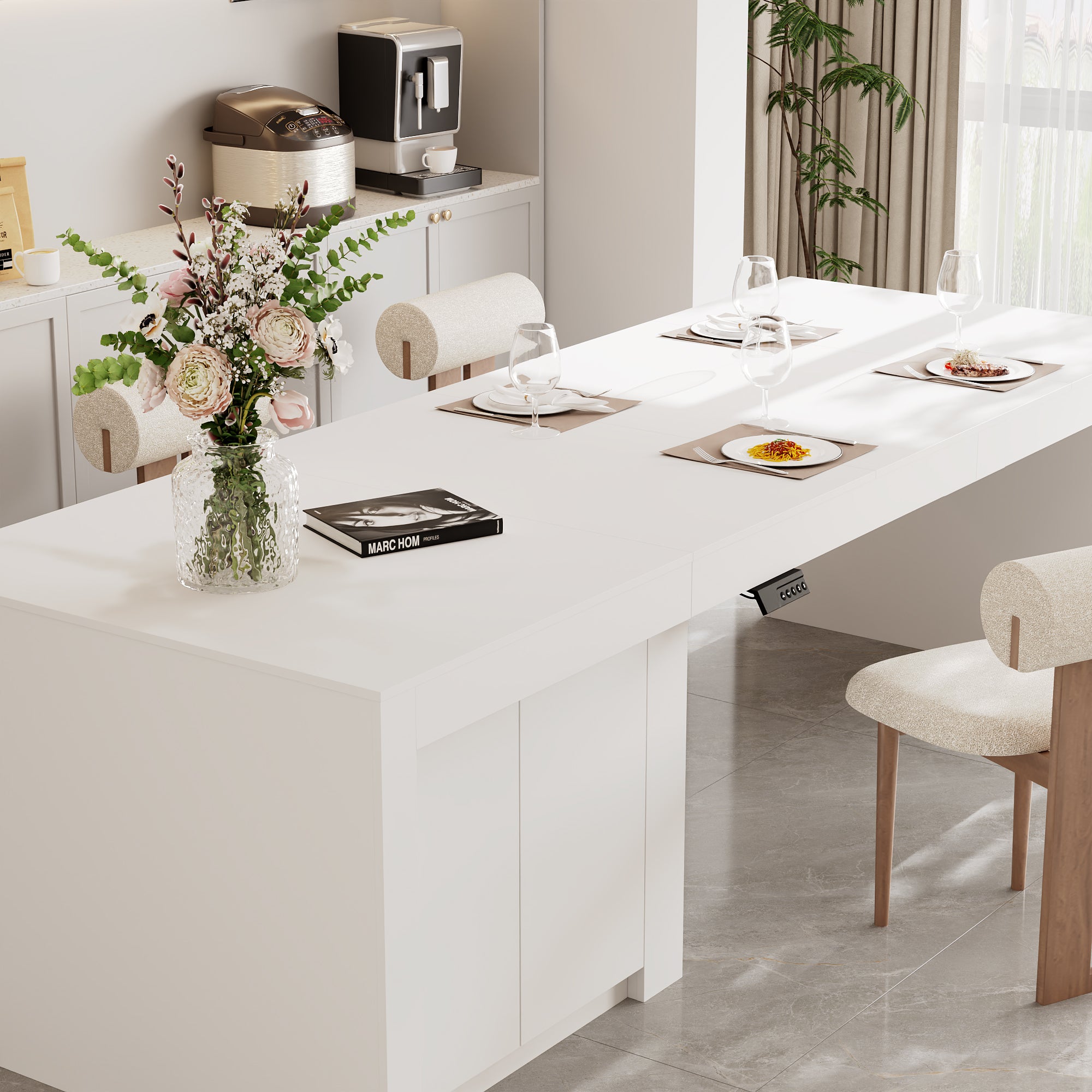 Modern white kitchen island with height-adjustable top and storage cabinets