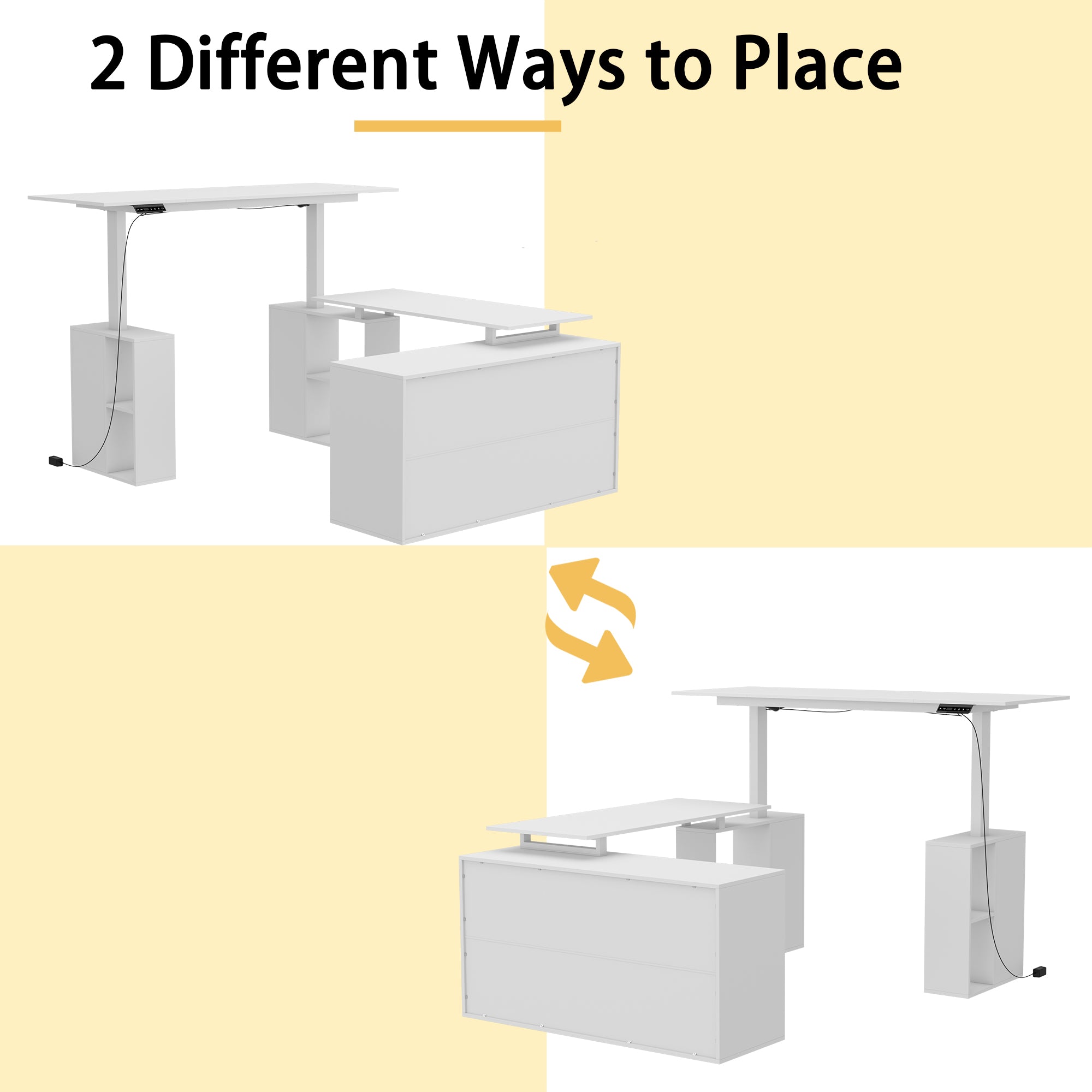 63" Modern White U-Shaped Standing Desk with 3 Memory Presets, Drawer and Open Storage