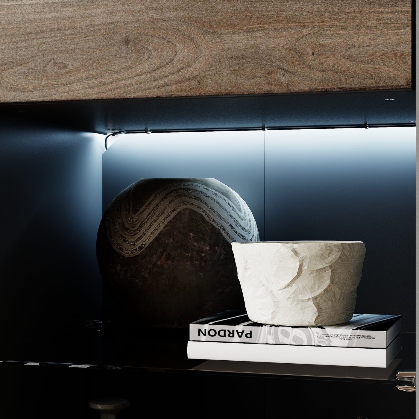 18.5" Modern Brown Tall Bookcase with 3-Color LED Lights and Glass Shelves