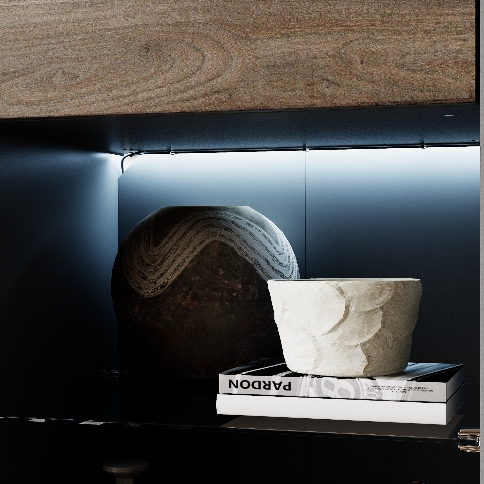 18.5" Modern Brown Tall Bookcase with 3-Color LED Lights and Glass Shelves