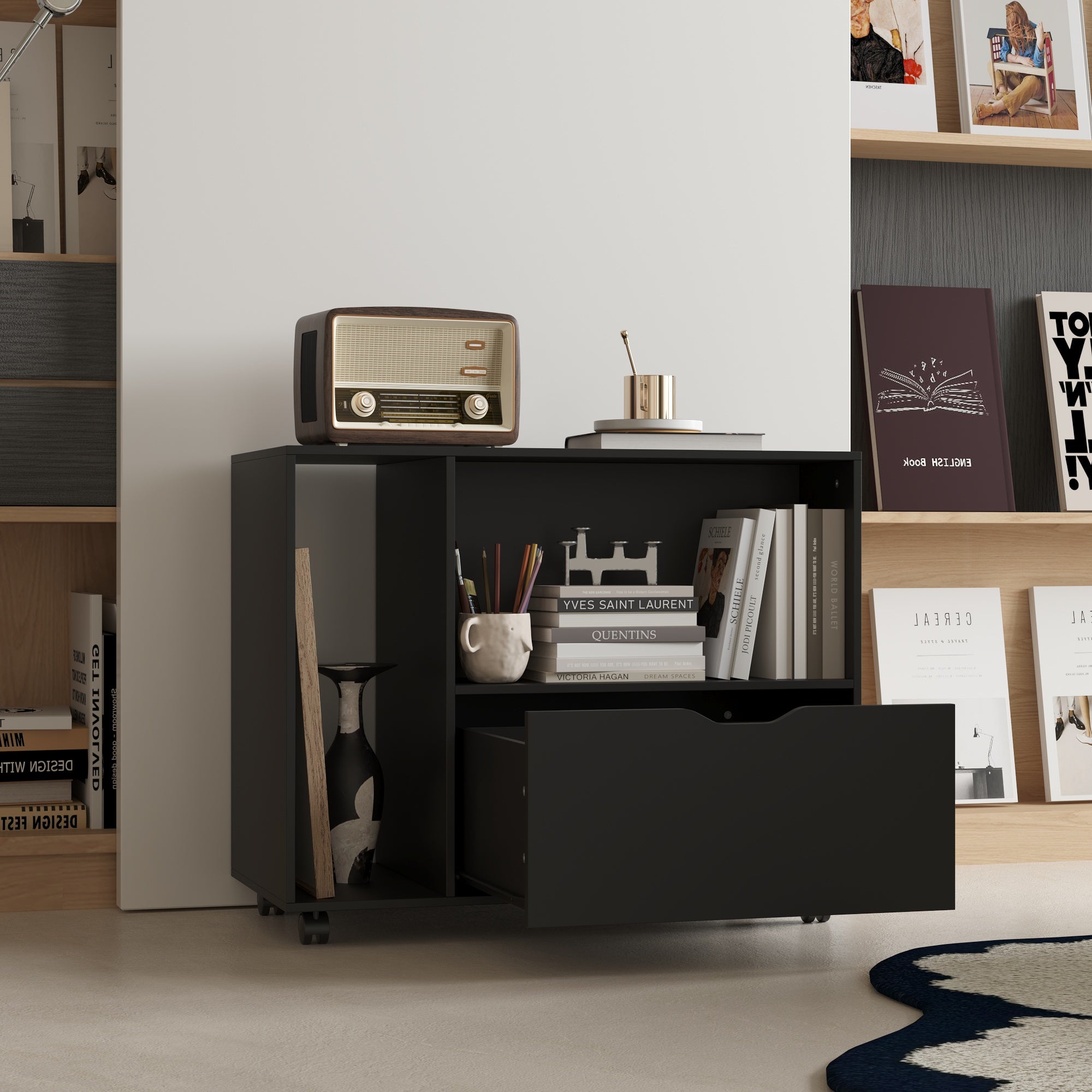 31.5" Wide Black Double File Cabinet - With Side Drawers, Hooks & Spinner Wheels