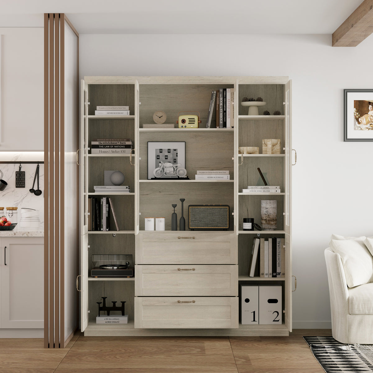 63" Rustic Gray-White Wood Bookcase Display Cabinet with Glass Doors & 3 Drawers