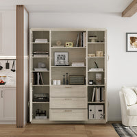 63" Rustic Gray-White Wood Bookcase Display Cabinet with Glass Doors & 3 Drawers