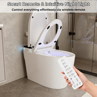 White smart toilet with open lid, built-in bidet, and ambient night light